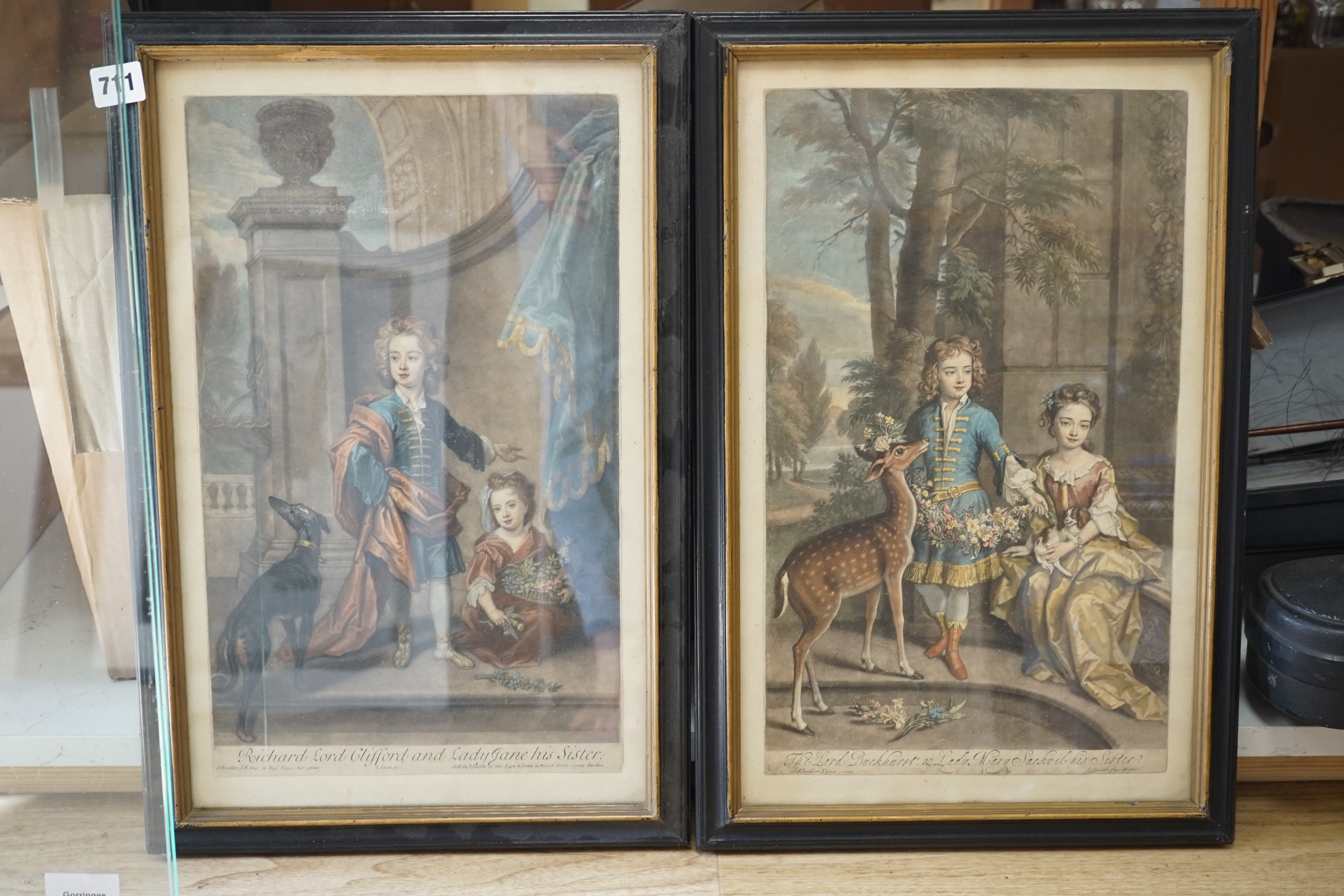 Smith after Kneller, pair of coloured aquatints, 'The Lord Buckhurst and Lady Mary Sackvil, his sister' and 'Richard Lord Clifford and Lady Jane, his sister', 39 x 25cm, and a French print, La March d'eau de Vie'